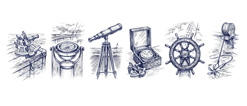 Vintage Nautical Navigation Instrument Sketch Set of hand-drawn marine icons featuring ship compass, telescope, sextant, marine chronometer, steering helm wheel, and patent log for maritime history.
