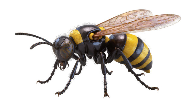 Isolated detailed yellow and black striped wasp with realistic wings and furry body render