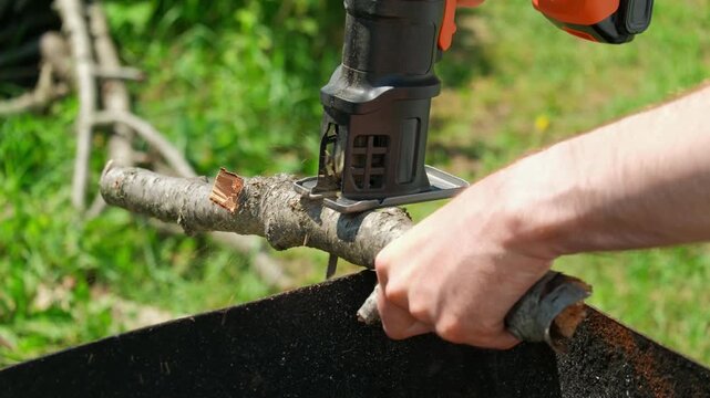 A close-up of cutting a branch with a jigsaw