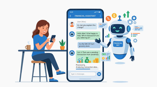 A woman consults her financial assistant chatbot on her smartphone, with the robot interface displaying financial information and graphics
