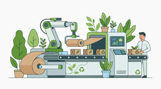 Green factory automation with a robot arm assembling eco-friendly packaging and a worker overseeing the process, surrounded by plants