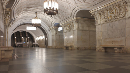Fototapeta premium Station hall of metro station Prospekt Mira Koltsevaya with no people in Moscow, Russia. Interior view