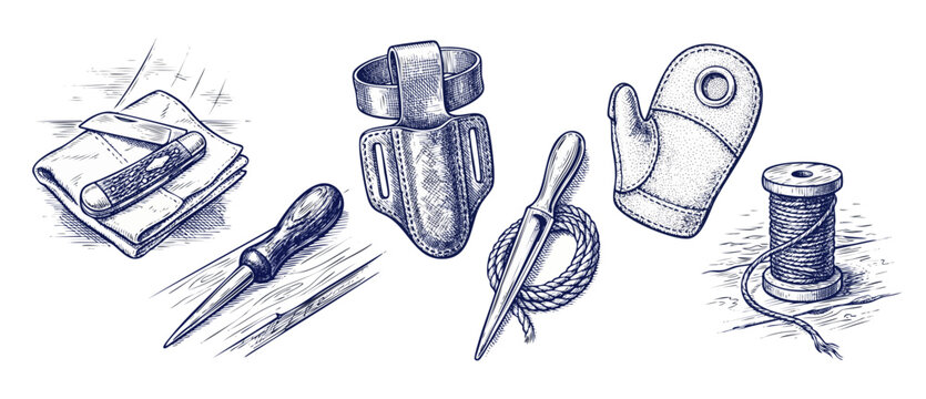 Leatherworking tools vintage engraving illustration and hand crafted equipment featuring awl pocket knife leather holster marlinspike rope thread spool and glove isolated on white background art style