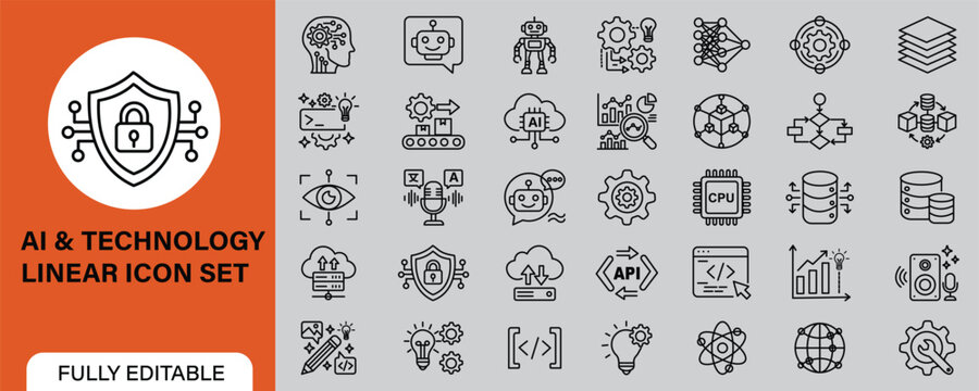 Ai and technology linear icon set outline vector icons for artificial intelligence, chatbot, robot, machine learning, neural network, deep learning, prompt engineering, automation, cloud AI