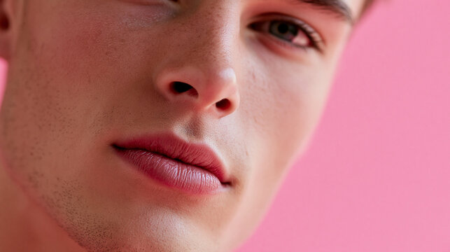 Anonymous young man close-up portrait with soft natural shadows on skin and a gentle expression against a pink background, male skincare and grooming concept, faceless, defocused,