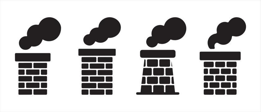 Set of black chimney icons with smoke emissions in a flat minimalist graphic design style.