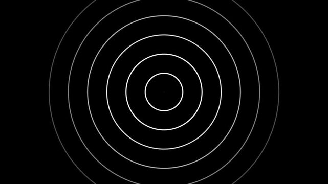Digital white color radio waves screen animation icon on black background. Radial fade wave for sound, swirl, radio and sonar.