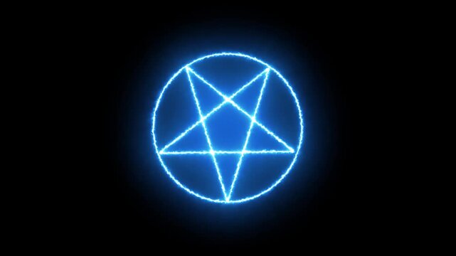 Mystical bright neon fire effect pentacle or inverted pentagram in circle on black background. Five pointed.on black backgraund .4k video animation.