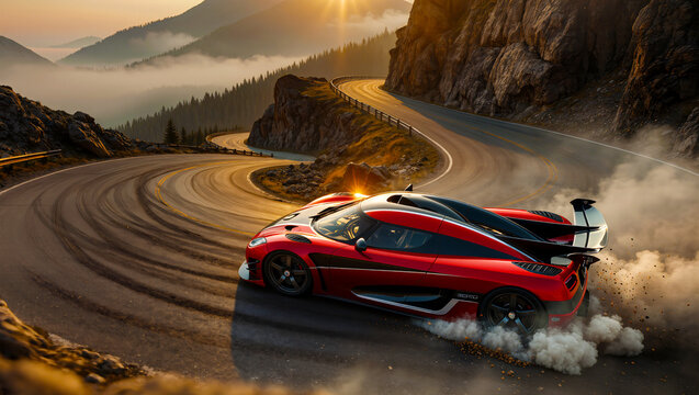 Red Hypercar Drifting on a Winding Mountain Road at Sunset
