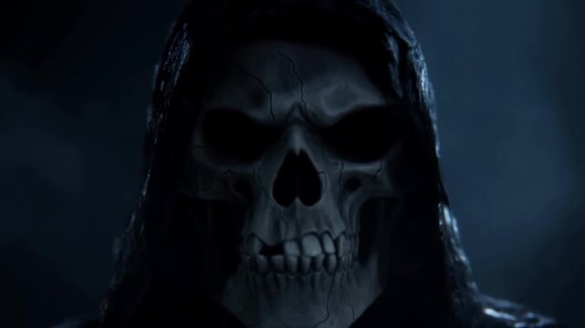 Mysterious hooded figure with skull face in dark foggy atmosphere closeup sequence