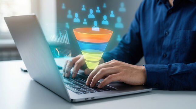 Marketing funnel analysis of customer activity data using a laptop at an office desk.