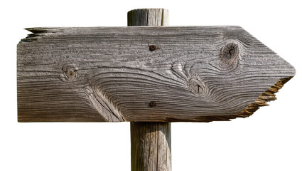 Isolated old wooden arrow direction signpost with rough weathered texture and natural wood grain © Conor