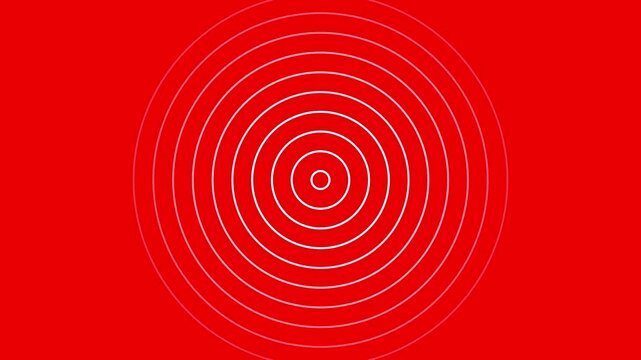 Digital white color radio waves screen animation icon on red background. Radial fade wave for sound, swirl, radio and sonar.
