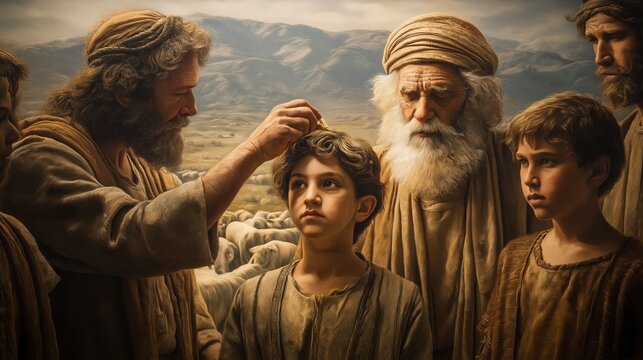 Family gathered in a field witnesses Samuel anoint David with oil, revealing that true greatness is chosen by God and often begins in humble places.
