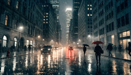 Fototapeta premium People walking with umbrellas in a busy city at night