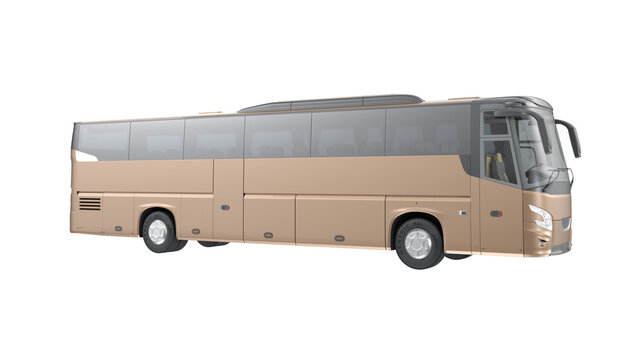 Modern luxury coach bus for long-distance travel, contemporary beige tour bus 3D render isolated on transparent png background.