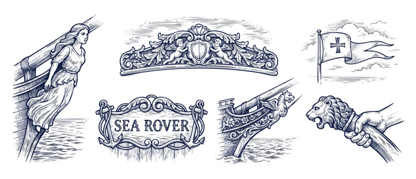 Vintage Nautical Ship Illustration Set featuring hand drawn pirate figurehead, maritime sea rover anchors badge, heraldic lion carving and baroque cherub ornament elements on white background designs.