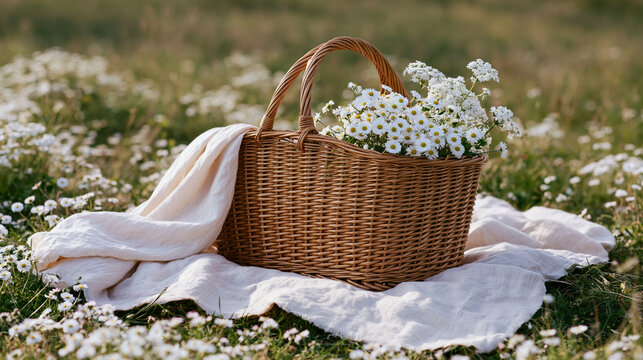 Spring Picnic in Blooming Wildflower Meadow