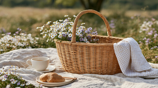 Spring Picnic in Blooming Wildflower Meadow