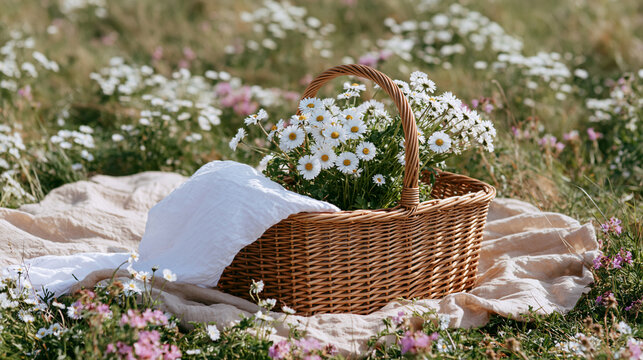 Spring Picnic in Blooming Wildflower Meadow