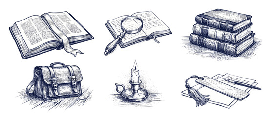 Vintage book sketch element collection of school history icons featuring magnifying glass, lit candle, leather schoolbag, ink pen, and paper bookmark isolated on white for retro academic design theme. © Dinali