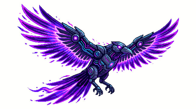 Purple robotic bird with wings spread.