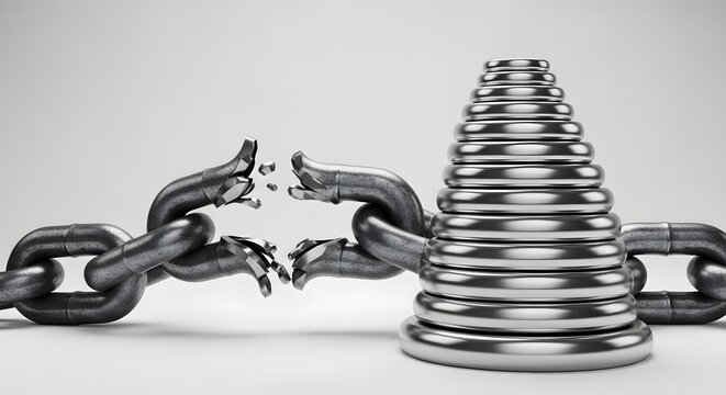 Broken metal chain link snapping under pressure, heavy industrial steel chain breaking apart, concept of freedom and overcoming limitations