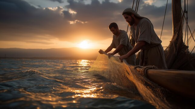 Peter and John draw in overflowing nets at dawn on the Sea of Galilee, illustrating how faithful perseverance and obedience can turn ordinary labor into a testimony of God&rsquo;s abundant provision.

