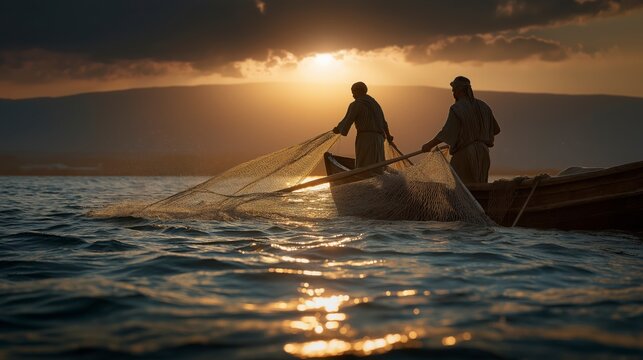 At dawn on the Sea of Galilee, Peter and John haul overflowing nets through shimmering water, revealing how faithful labor and trust in God can lead to unexpected abundance and blessing.