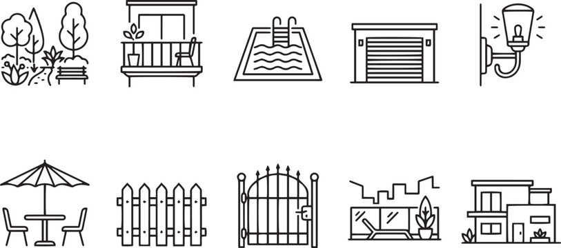 Real Estate and Modern Exterior Home Amenities Line Icon Set - Residential Backyards, Swimming Pool, Balcony Living, Garage, and Landscape Architecture Symbols