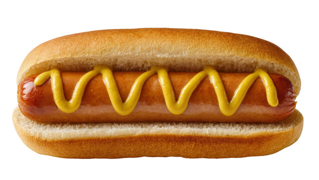 Isolated classic grilled frankfurter in a fresh bun with yellow mustard on top, appetizing food