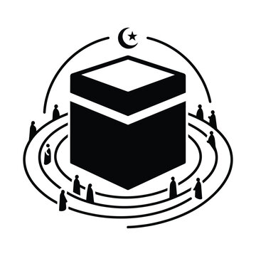 Islamic Kaaba icon with pilgrims performing Tawaf, black and white religious vector, Hajj and Umrah pilgrimage symbol
