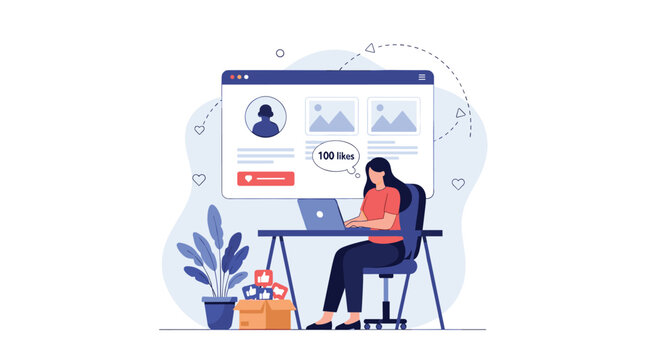 Female social media manager working on laptop to get hundred likes and online engagement, successful digital marketing strategy.
