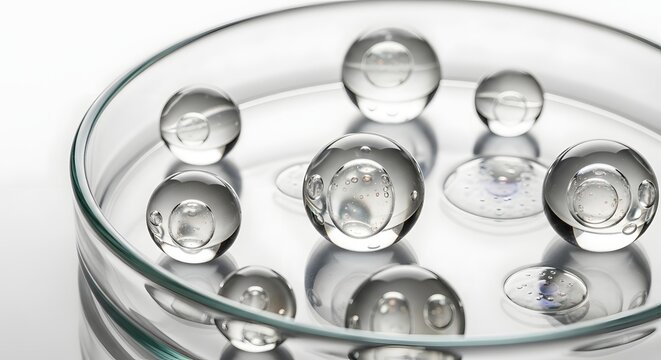 Scientific glass petri dish with transparent liquid spheres, laboratory research equipment for biotechnology, clear hydrogel beads in glass container