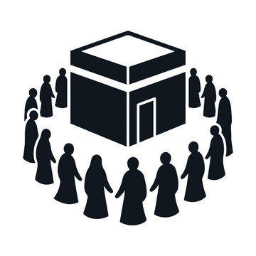 Islamic Kaaba pilgrimage vector icon, Muslim pilgrims performing Tawaf around the holy Kaaba, Hajj and Umrah religious symbol
