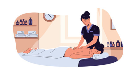 Fototapeta premium Professional massager giving a relaxing back massage to a young woman on a massage table in a beauty spa salon.