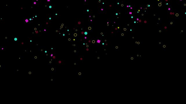Dynamic Floating Geometric Shapes and Particles on Black Background for Celebration and Abstract Motion Graphics Overlay 4k