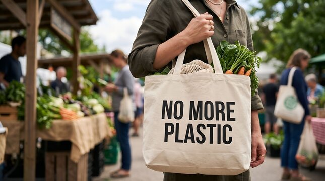 Person carrying canvas tote bag with no more plastic message outdoors