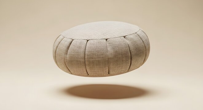 Minimalist linen meditation cushion levitating on beige background, round zafu yoga pillow for mindfulness, neutral zen floor pouf