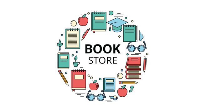 Circular design concept for a Book Store badge featuring school supplies, books, glasses, and apples in flat style.