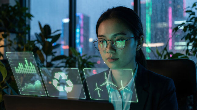 Professional woman analyzing sustainable energy data on digital interface