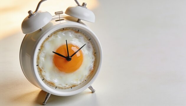 A white alarm clock with a fried egg in place of the clock face. The egg has a bright orange yolk and is surrounded by a light brown crust.