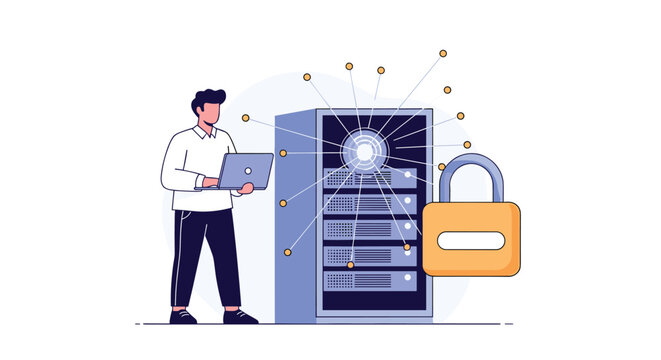 IT specialist managing server database security with a laptop and a giant padlock icon, representing cyber security.