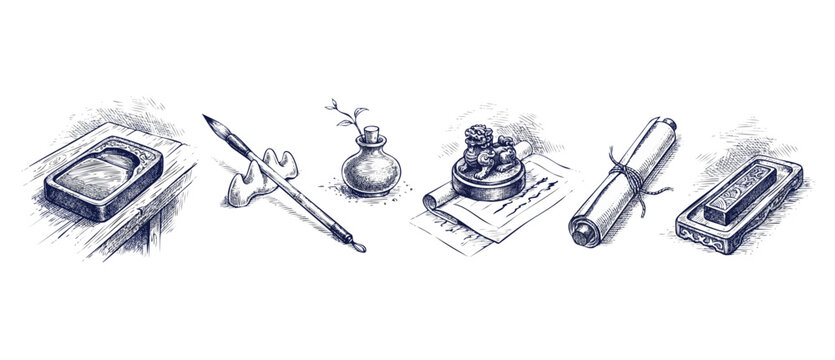 Traditional Chinese calligraphy tools set featuring inkstone, brush pen, jade seal, scroll, and inkstick in hand-drawn engraving style on white background, reflecting zen scholars stationery history.