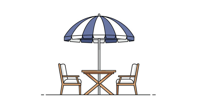 Outdoor wooden dining table and two chairs with white cushions under blue and white striped patio garden umbrella.