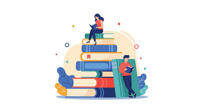 Avid readers with woman sitting on top of a giant stack of colorful books and man leaning on large book, enjoying literature.