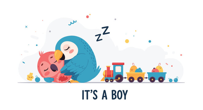 Two adorable cartoon birds sleeping and hugging next to toy train loaded with colorful eggs on baby boy themed card.