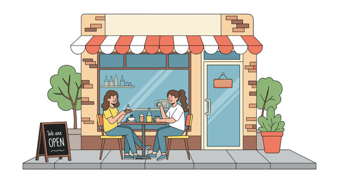 Two female friends sitting outside at small table of charming local cafe, enjoying coffee and cake next to open sign.