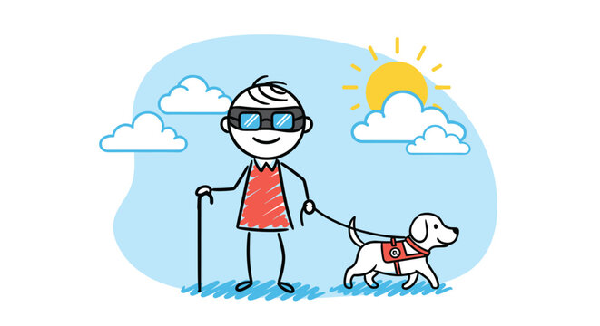 Blind man stick figure wearing dark sunglasses and holding a cane while walking with a guide dog in sunny weather.