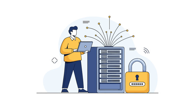 IT support specialist holding a laptop next to a secure network database server rack protected by a golden padlock.